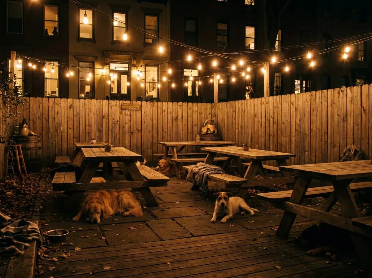 Monty's back patio when the Slope's dog owners gather at dusk