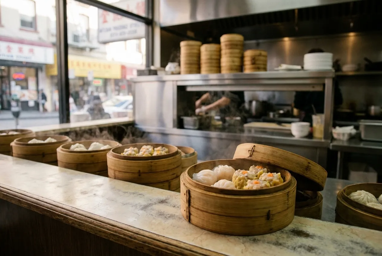 Bamboo steamer baskets filled with shrimp dumplings and siu mai on a dim sum restaurant counter with steam rising.