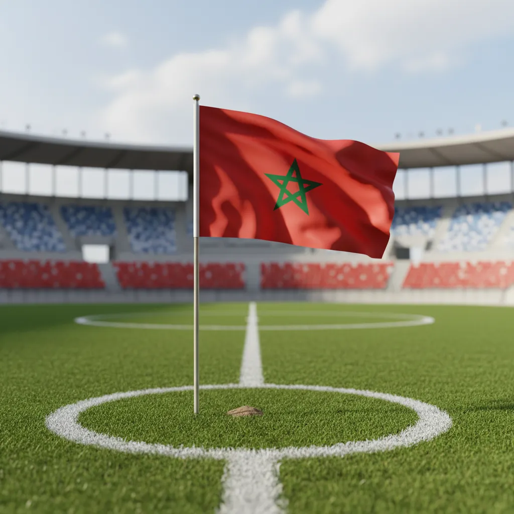A Moroccan flag planted at the center circle of a soccer pitch fluttering in the wind