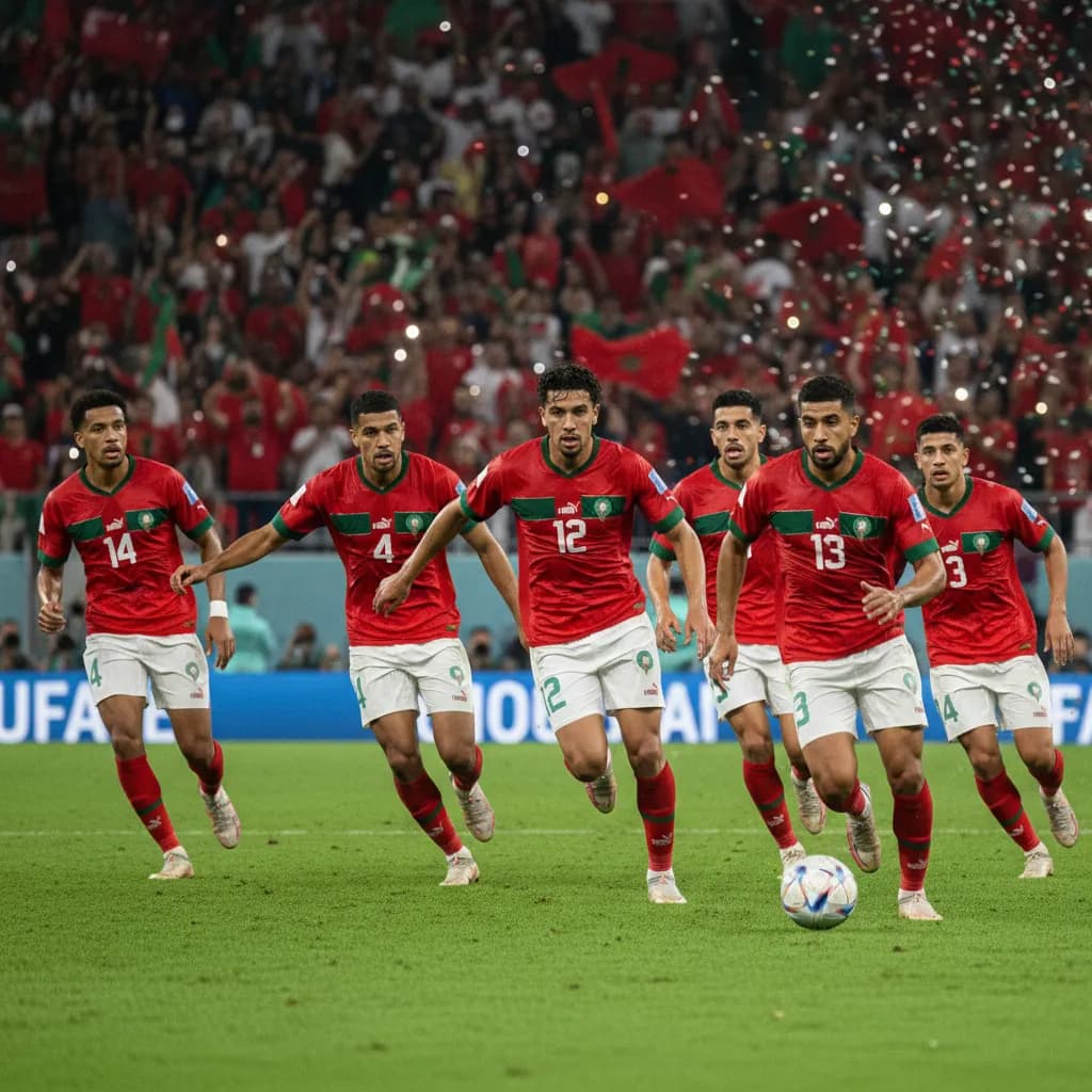 Morocco players pressing forward together in red jerseys during World Cup 2026