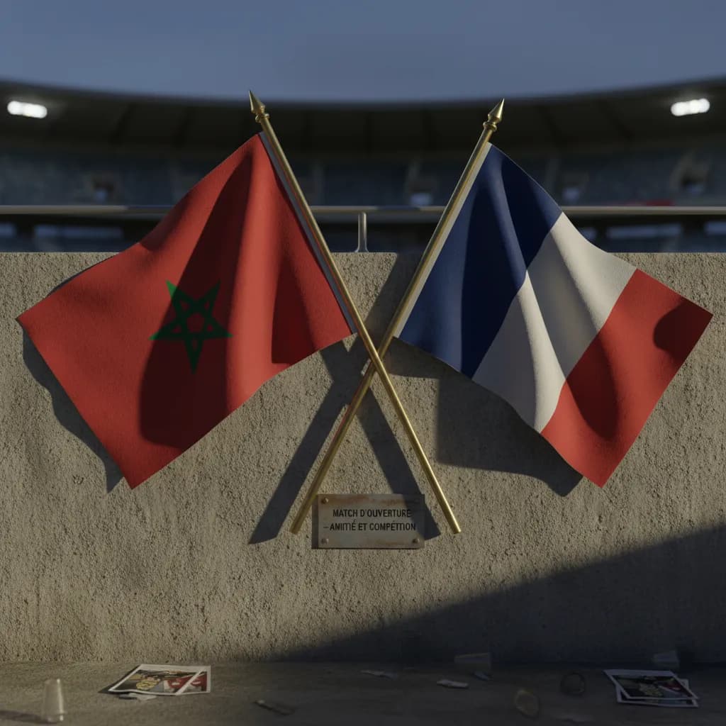Moroccan and French flags hang crossed on a stadium wall before their quarterfinal