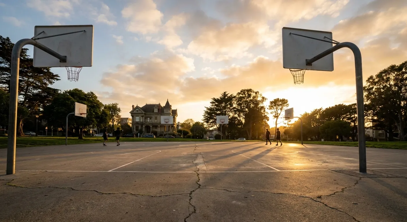 Outdoor basketball courts at Mosswood Park with white backboards and Victorian mansion visible in background