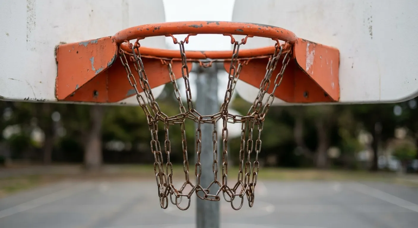 Detail shot of metal chain basketball net hanging from orange rim at Mosswood Park