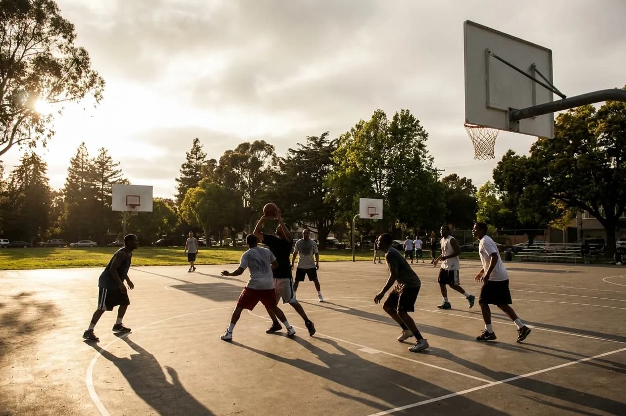 Outdoor basketball courts with white square backboards at Mosswood Park in Oakland, players mid-game on smooth concrete surface