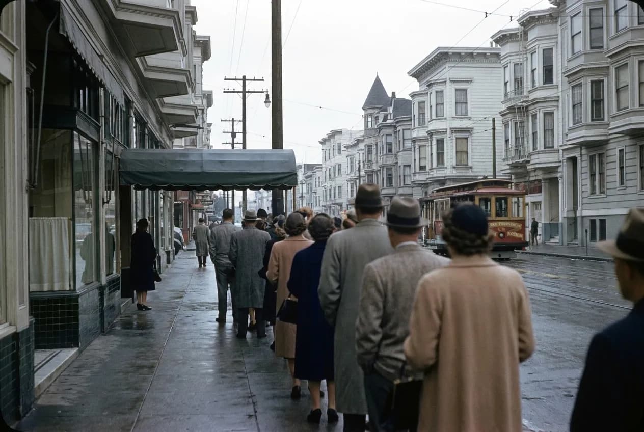 A line of people along a pavement outside a restaurant in daylight