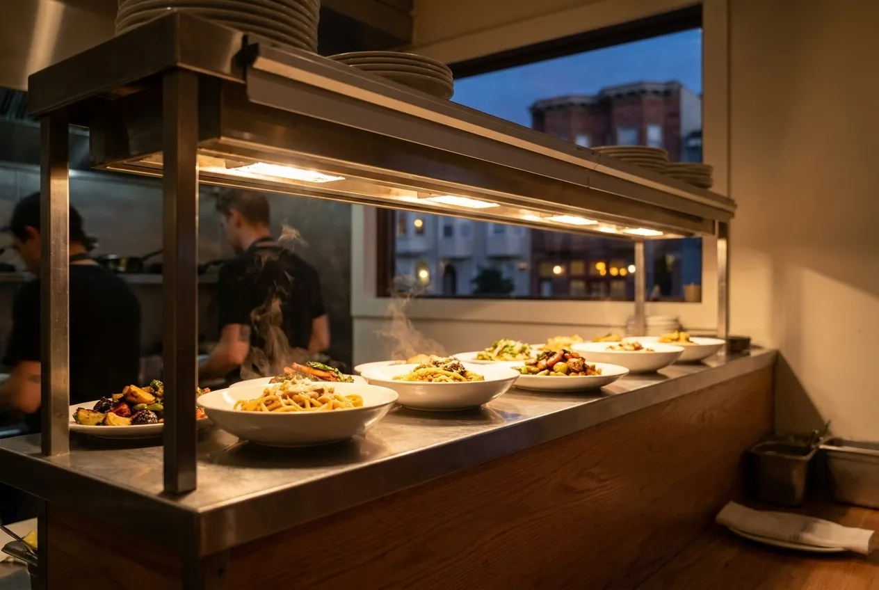 A restaurant pass with plates lined up under a heat lamp