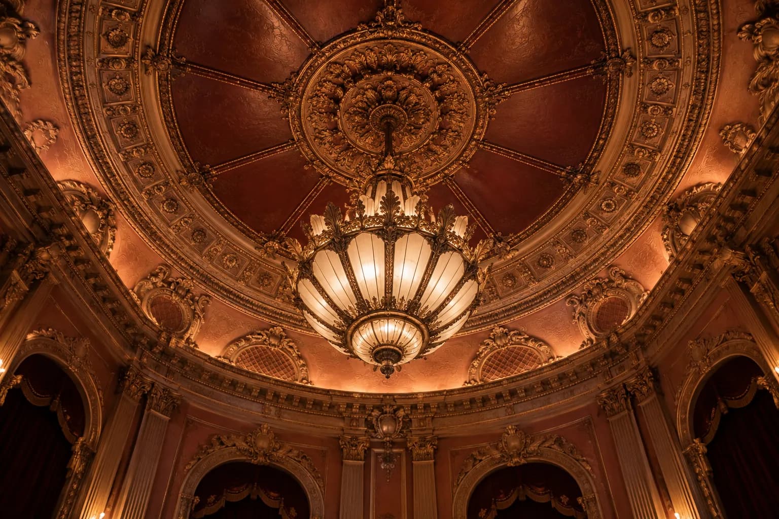 A restored 1920s movie palace ceiling with an ornate chandelier and painted plasterwork