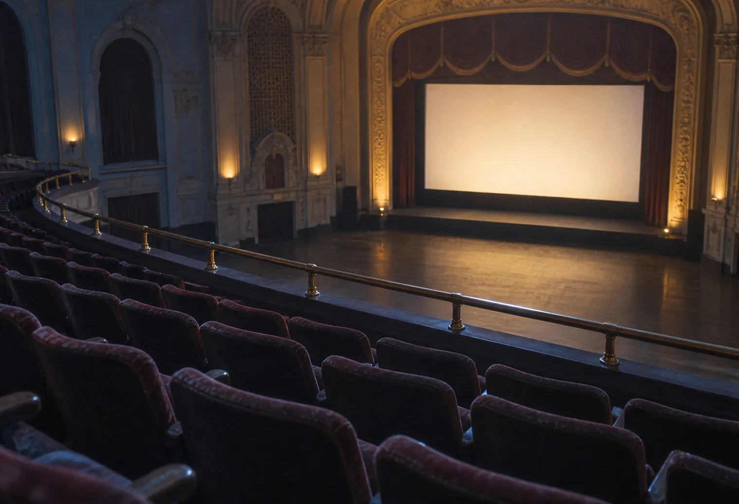 An empty balcony of a historic cinema looking down toward a lit stage and screen