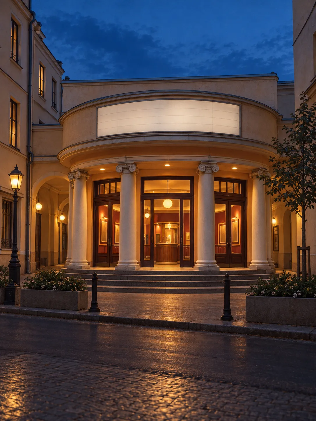 A small cinema frontage under an arcade on a quiet side street at dusk