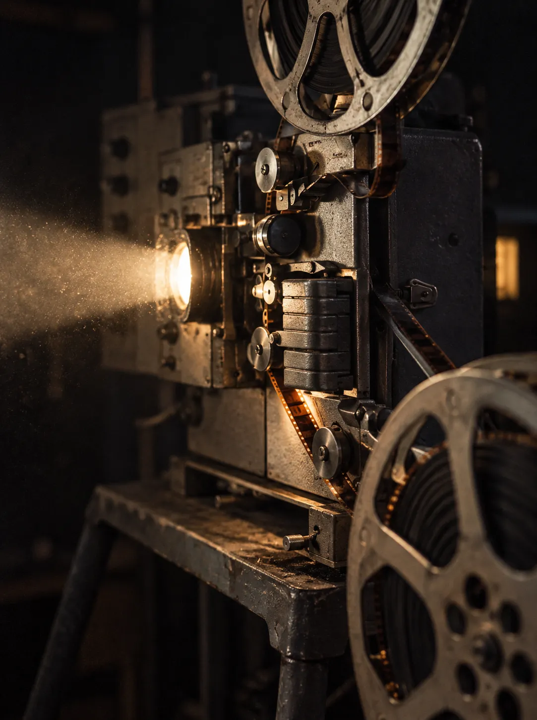 A film projector threaded with 35mm stock in a dark projection booth