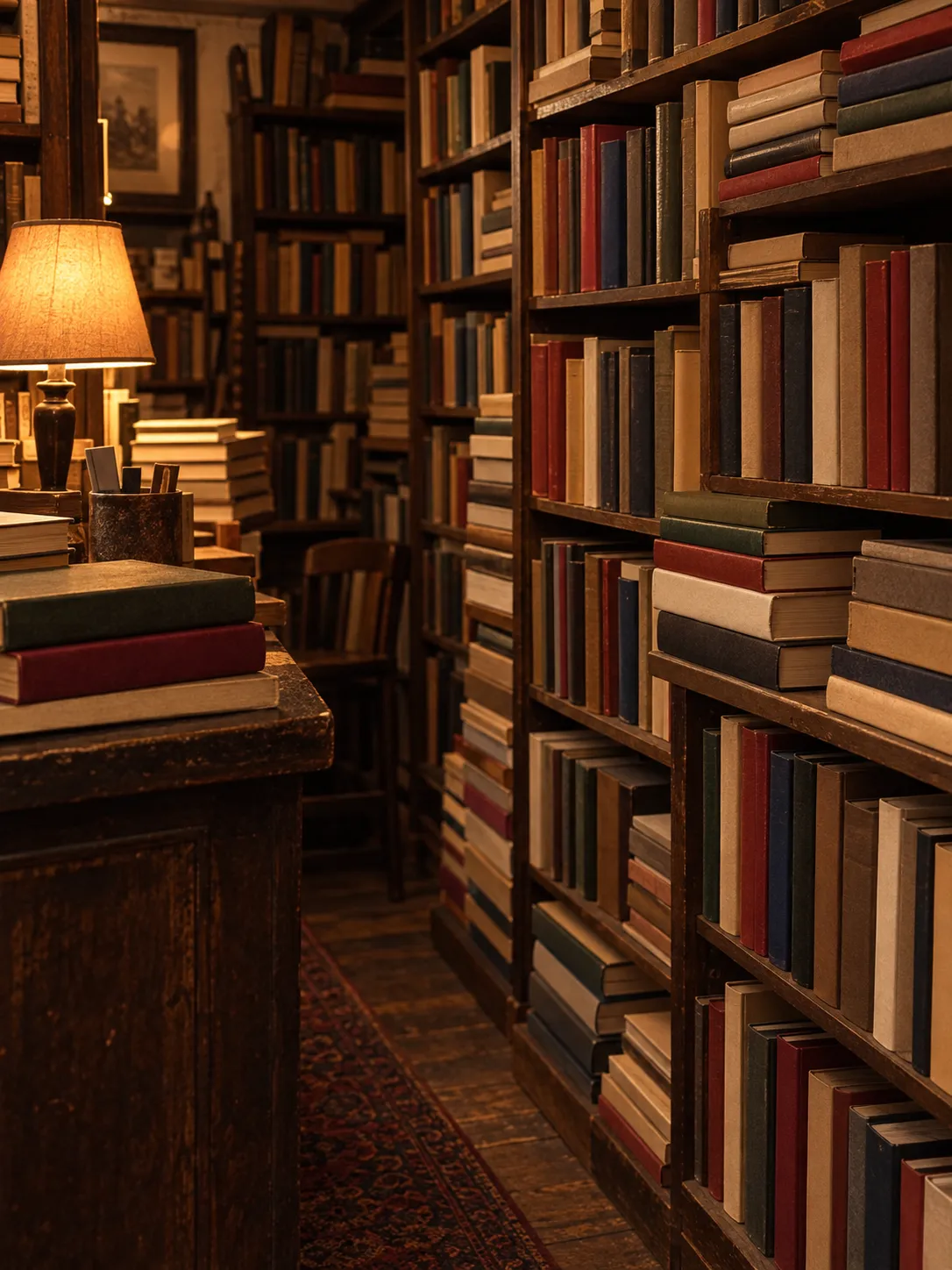 Shelves of film books beside a small counter under warm light