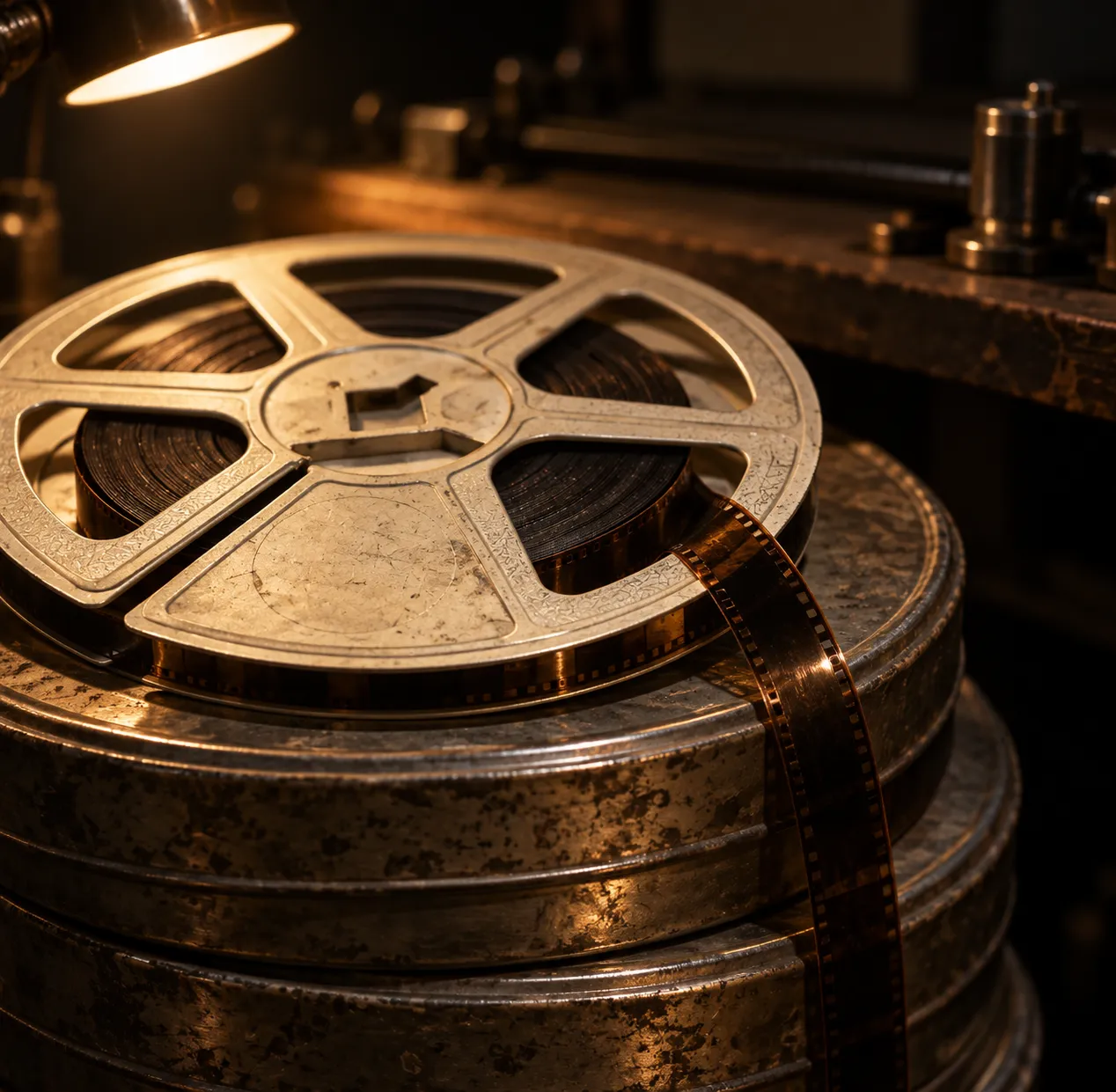 Stacked film cans and a reel of 35mm print in a dim projection room