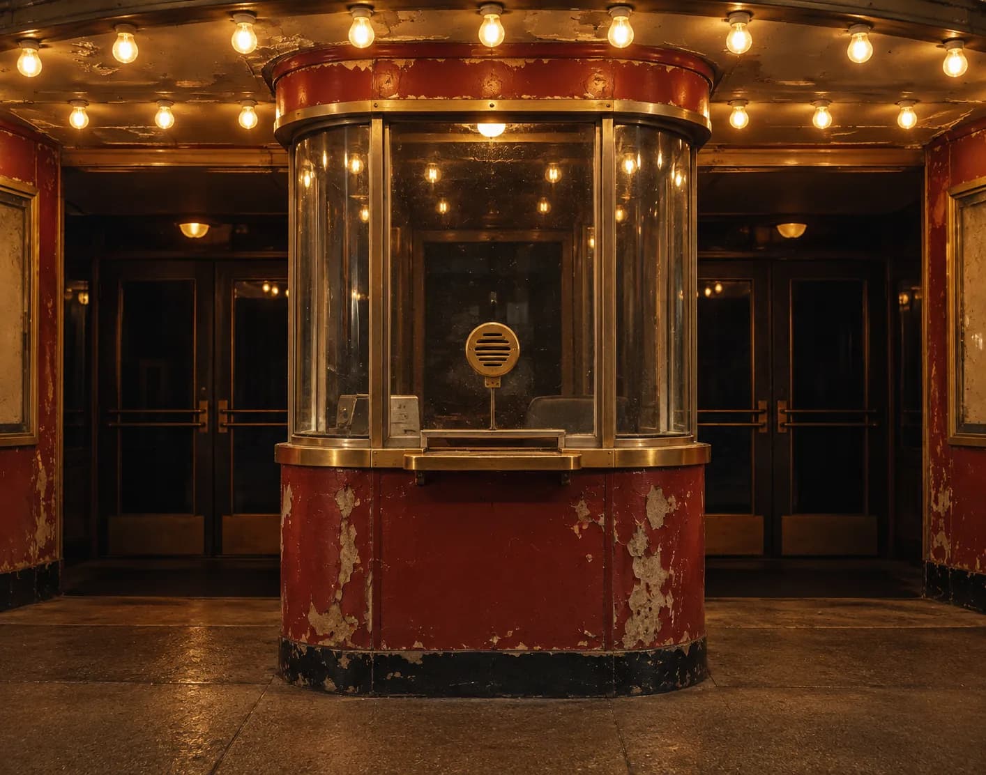 A worn ticket booth window under a lit canopy at night