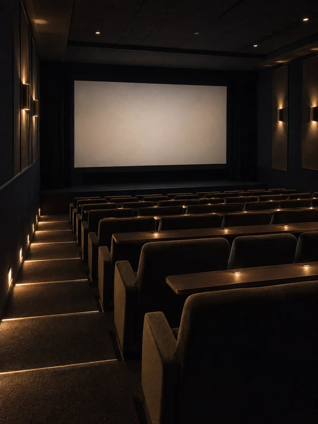 A dim cinema auditorium with narrow tables running in front of each row of seats