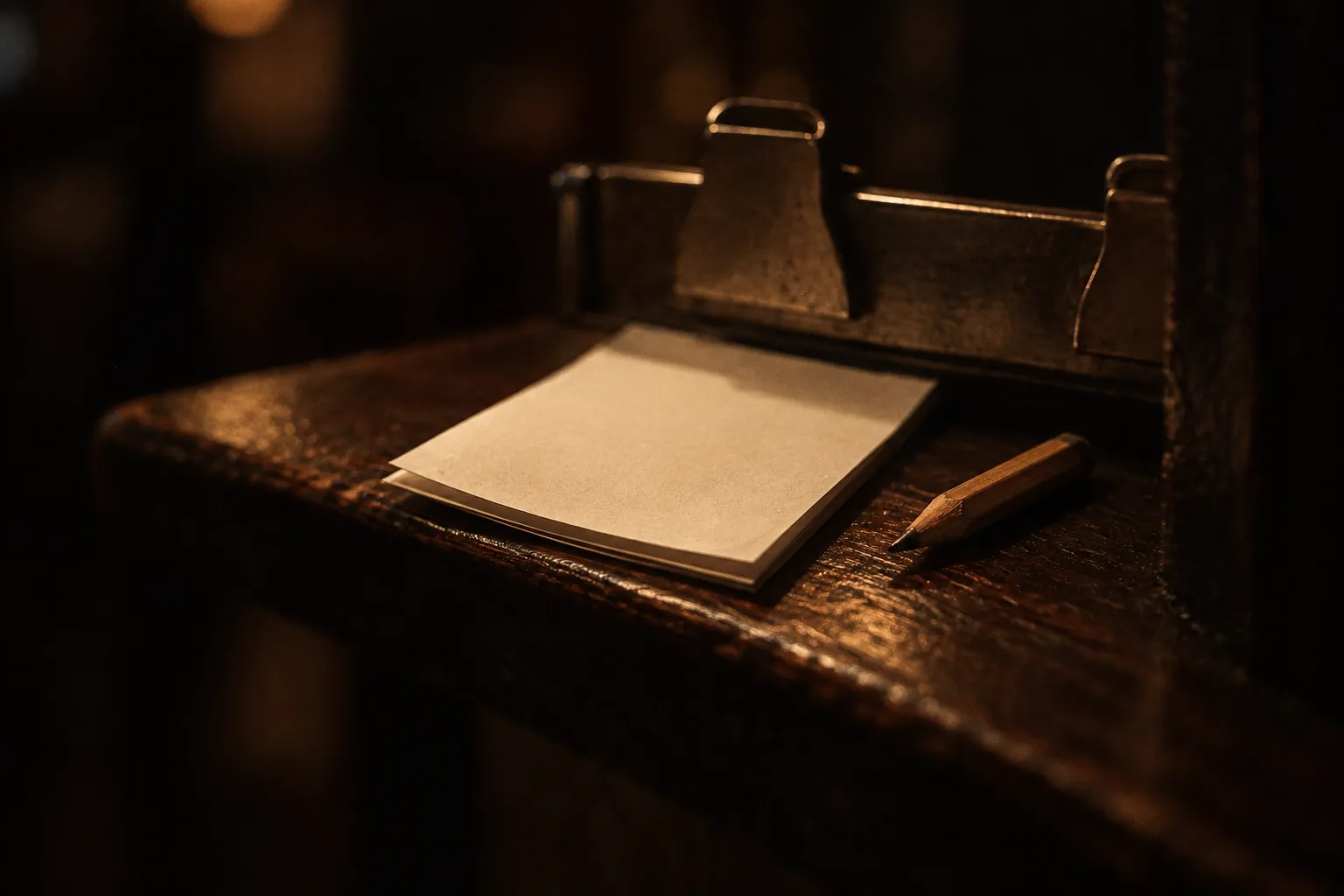 A small paper order slip and a stub of pencil on a narrow ledge in low light