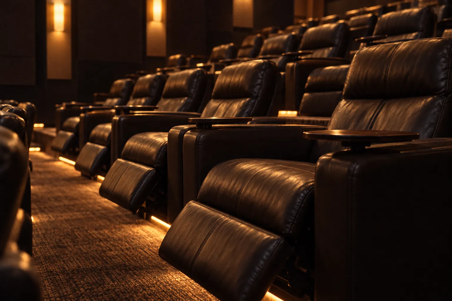 Wide reclining leather cinema seats in staggered rows under low lighting