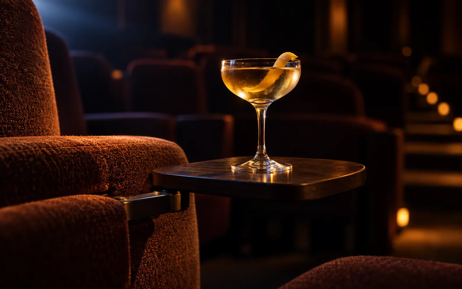 A cocktail glass resting on a swivel tray beside a wide upholstered seat