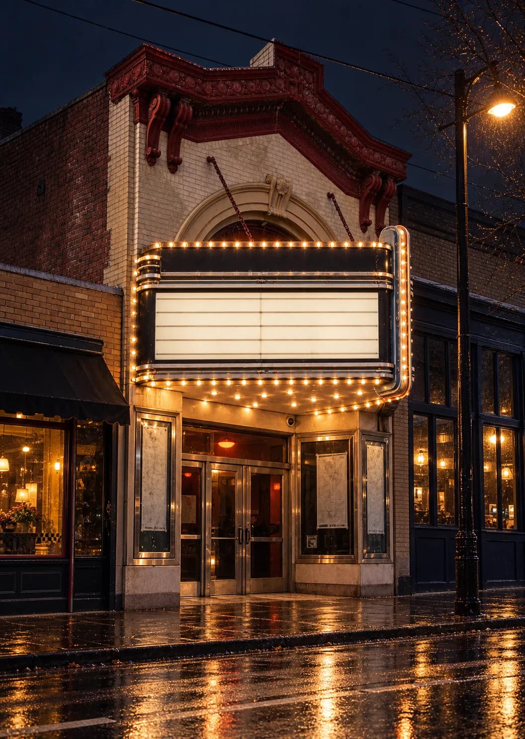 A narrow single-screen cinema frontage on a busy urban street at night