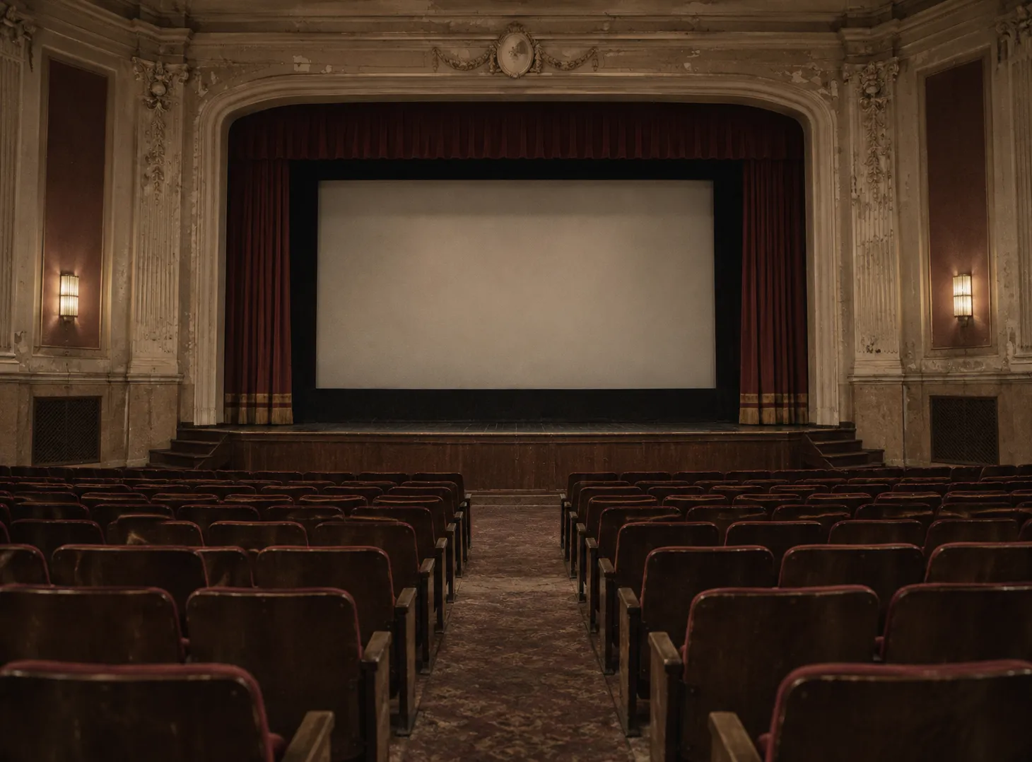 An old cinema auditorium with a proscenium arch and a small screen