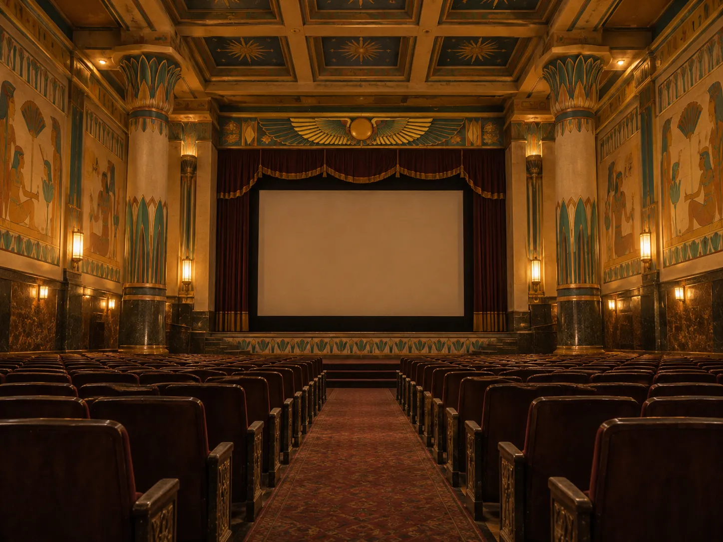 An ornate Egyptian-revival theatre interior with painted columns and a proscenium