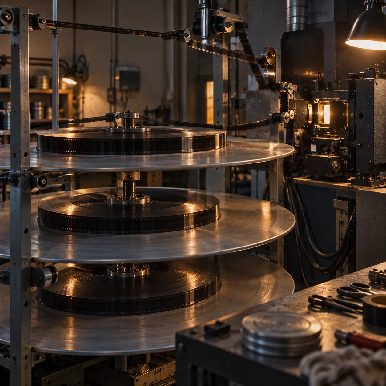 A large-format film platter system loaded in a projection room