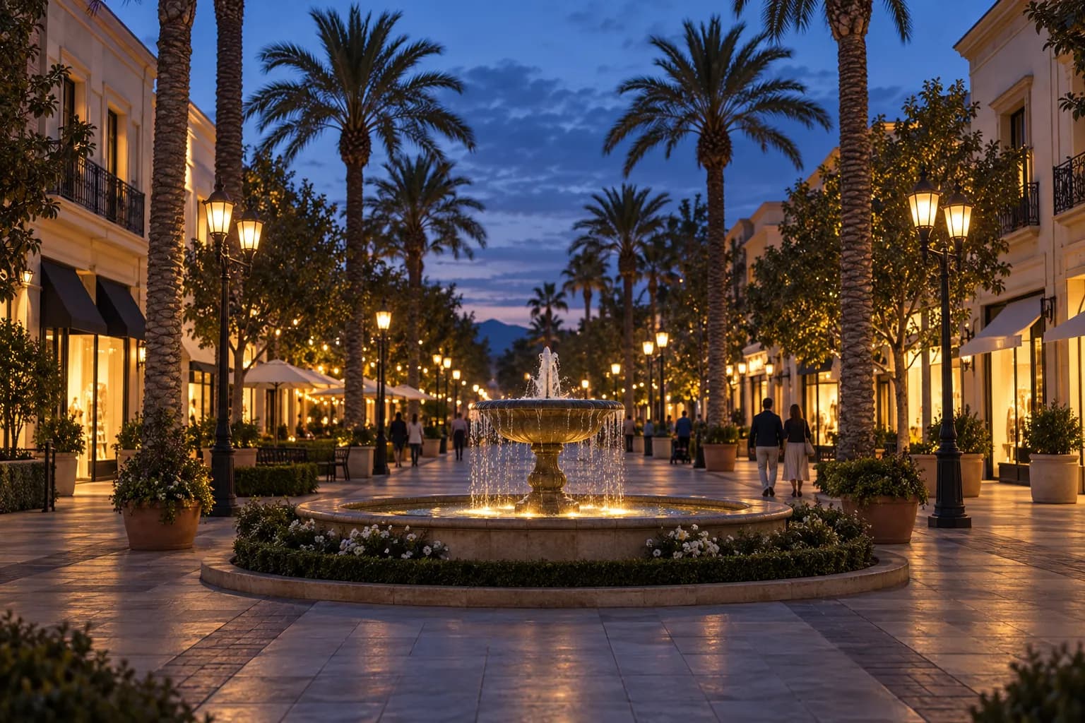 Open-air shopping promenade at dusk with a central fountain, low ornate retail facades and palms lit by street lamps