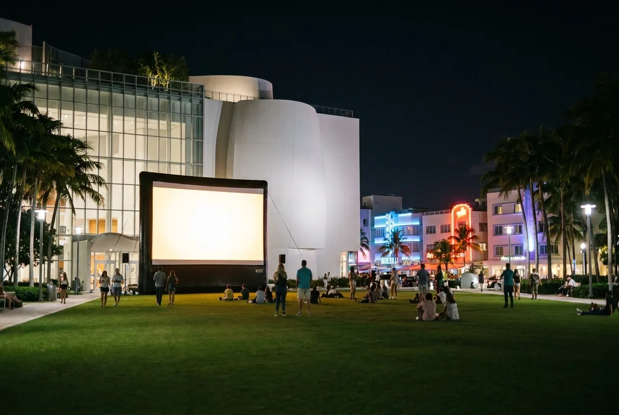 Massive outdoor projection wall at SoundScape Park in South Beach illuminated at night with open lawn seating area in foreground