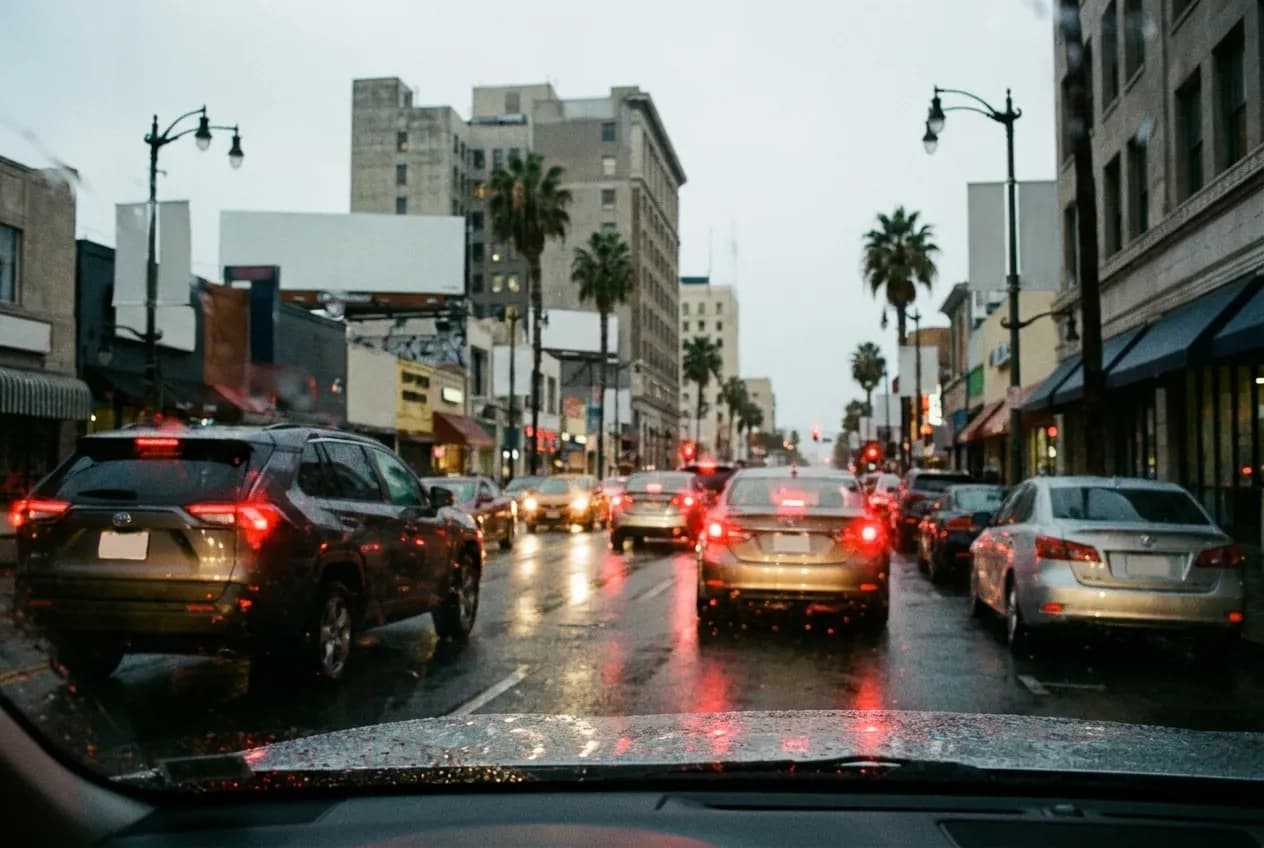 Rain on a car windscreen with blurred city lights beyond
