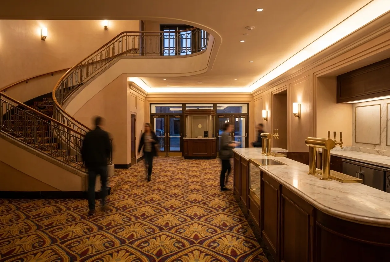 A cinema lobby with patterned carpet and a staircase under warm light