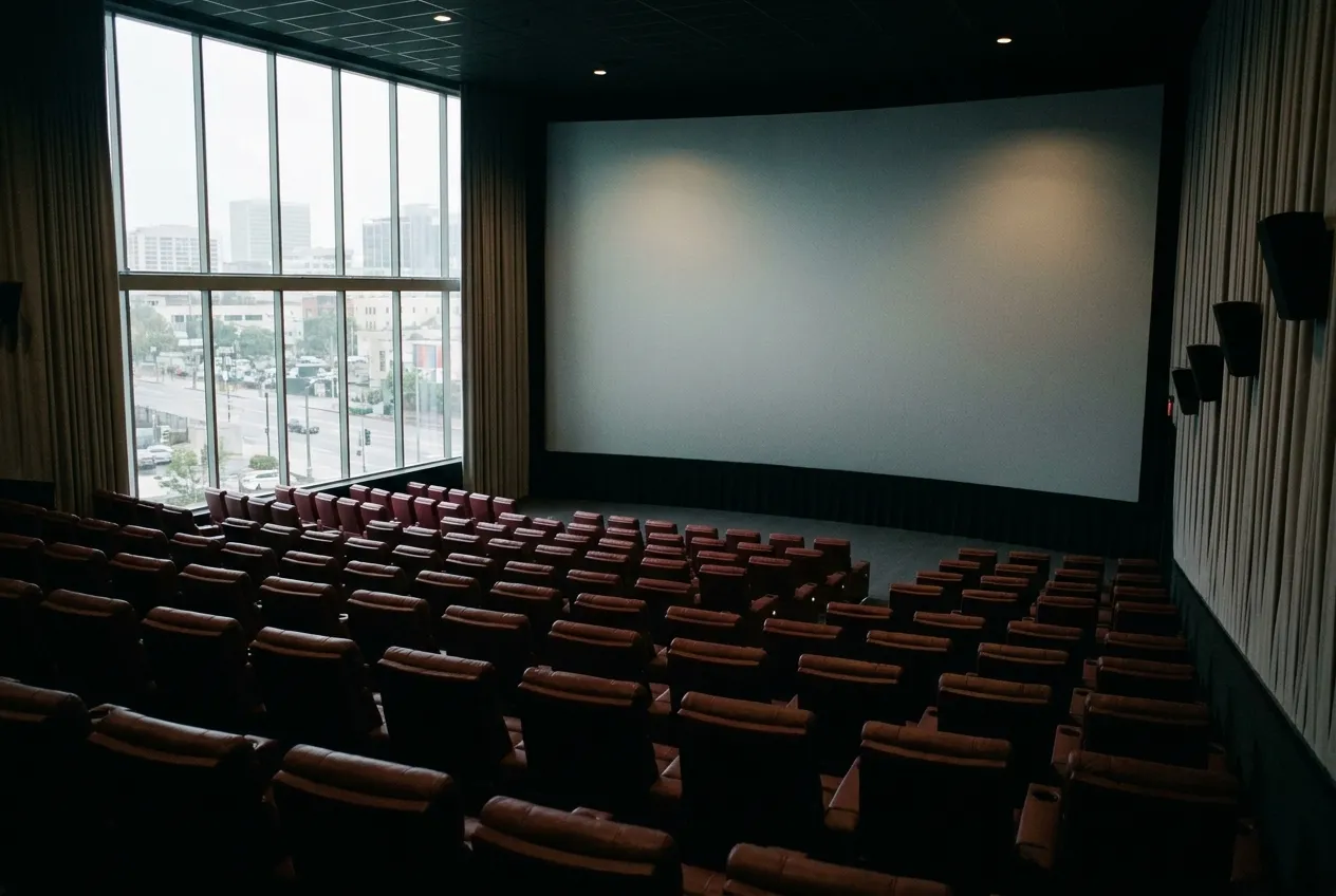 A large empty cinema auditorium seen from the back row, curved screen glowing in low house light