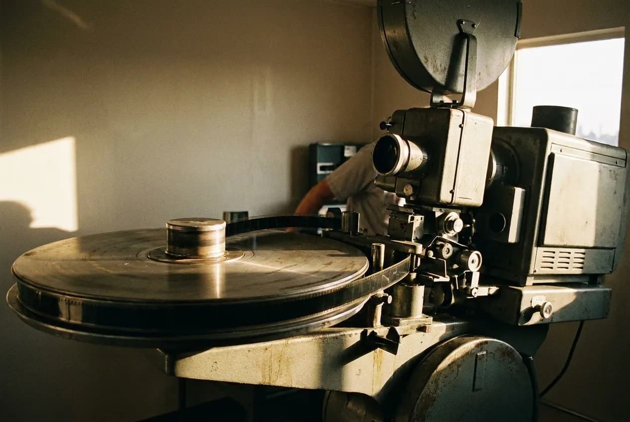 A 70mm film platter and projector head in a cinema projection booth