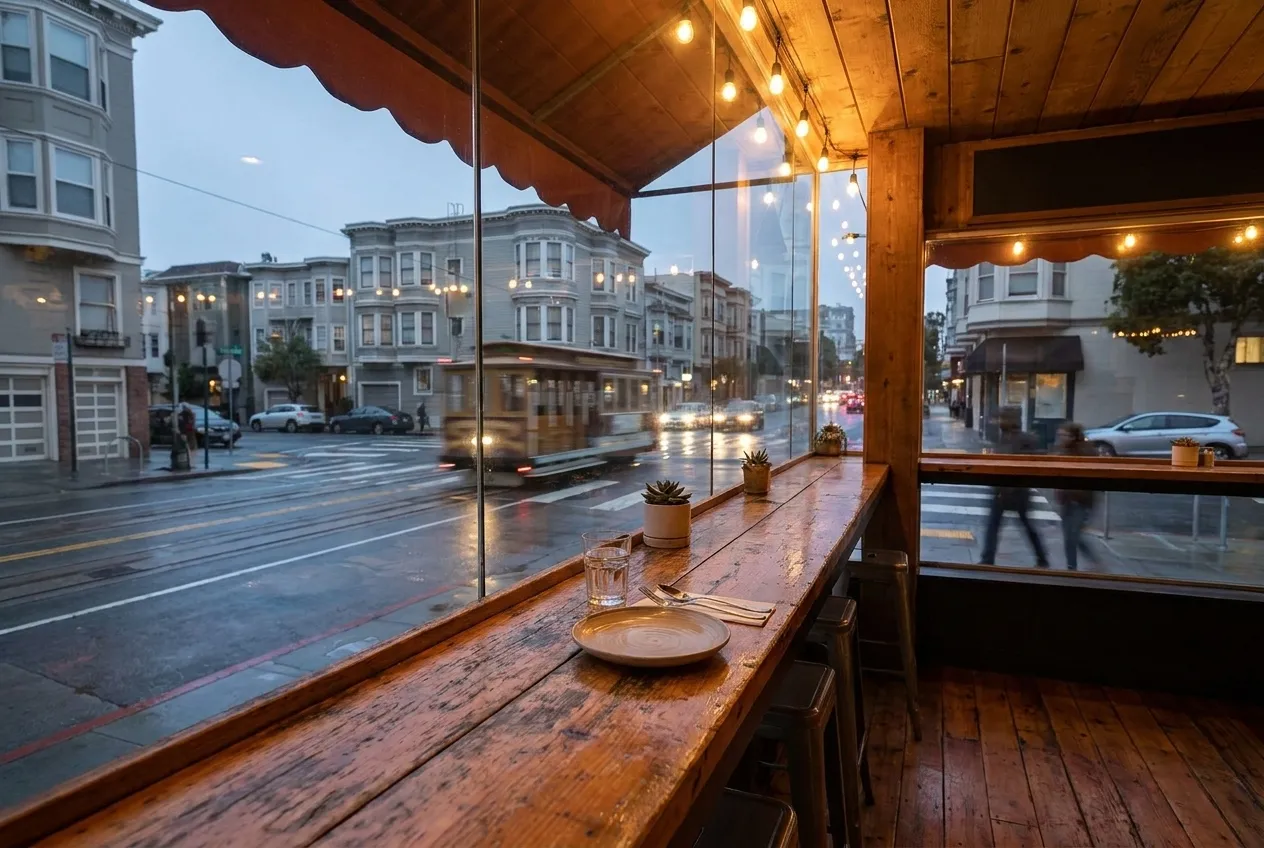 A restaurant table by a window with the street visible outside at dusk