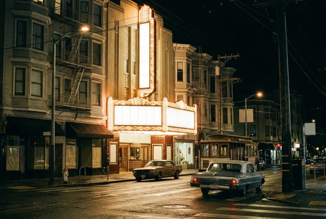 A cinema marquee glowing above a San Francisco street after dark