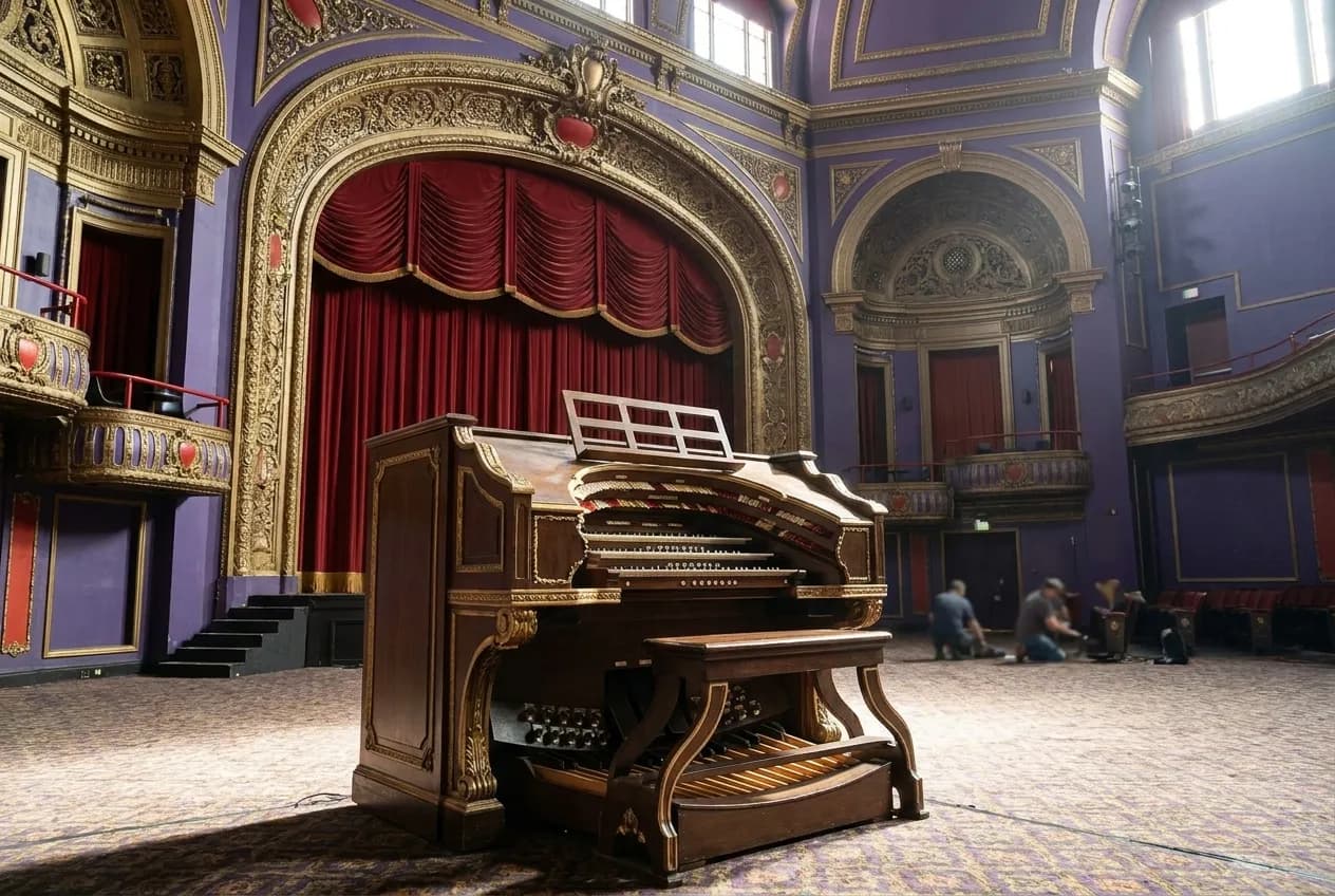 A theatre organ console and ornate proscenium arch inside an old movie palace