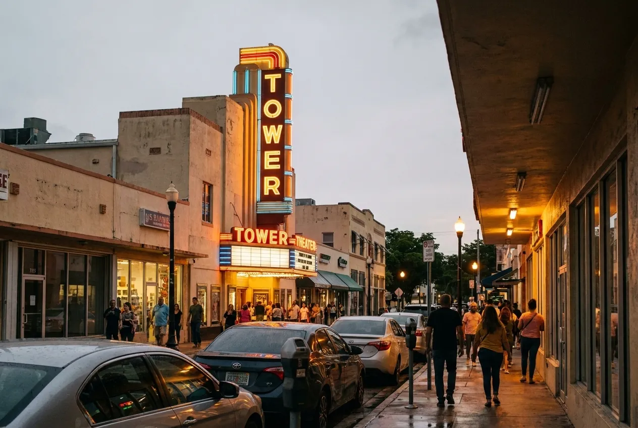 Vertical neon Tower Theater sign and marquee on Calle Ocho in Little Havana, low-rise storefronts and evening pedestrians visible along SW 8th Street