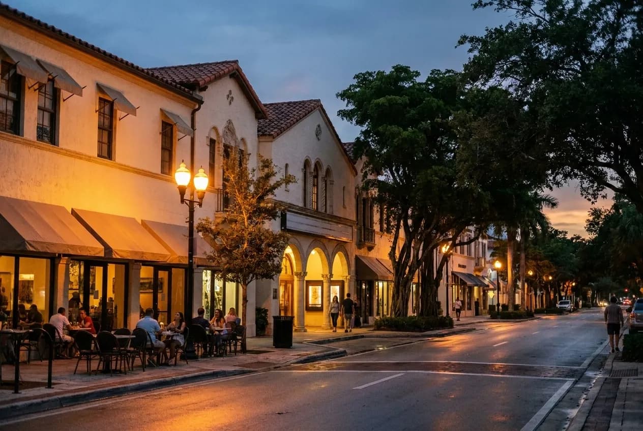 Mediterranean Revival building with sidewalk café chairs and awning on tree-lined Aragon Avenue in Coral Gables at dusk, warm amber streetlights glowing against stucco walls