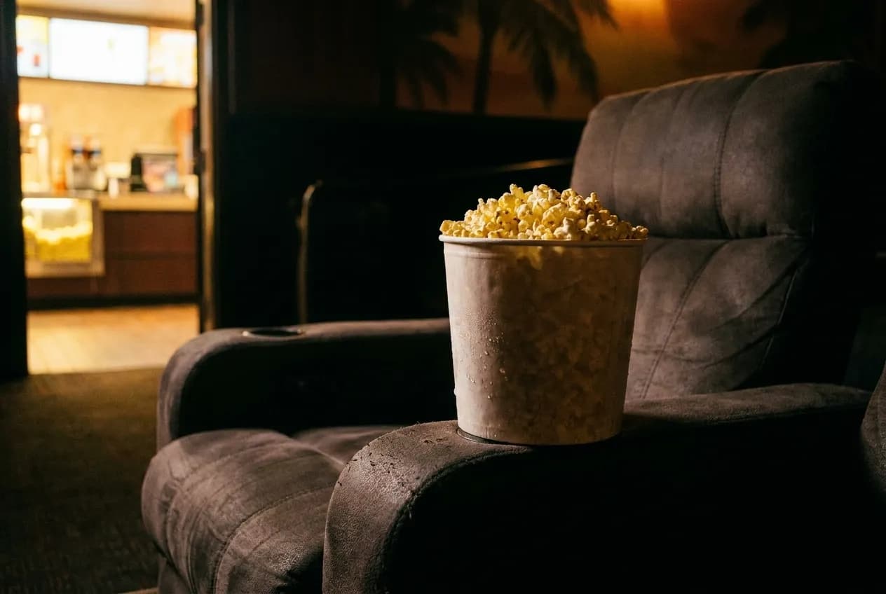 A red-and-white striped popcorn tub sitting on a dark theater armrest under dim aisle lighting, kernels catching soft overhead glow in an empty auditorium.