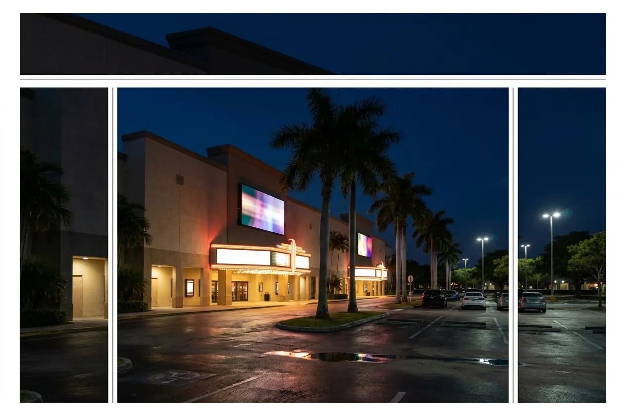 A multiplex facade glowing under purple dusk in suburban Miami, with tall digital marquee panels, palm silhouettes, and empty parking rows stretching toward distant streetlights.