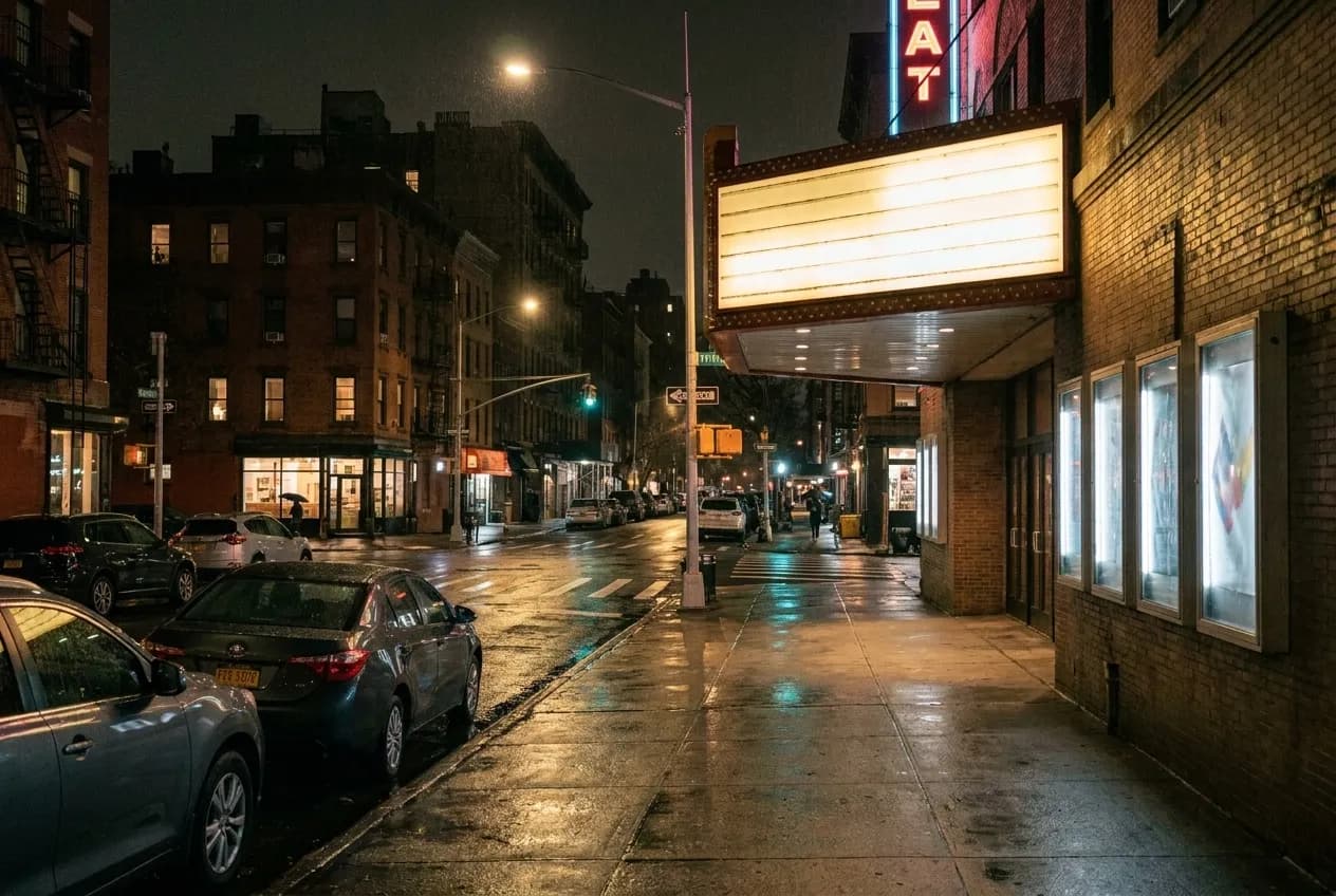 Dark New York City street corner at night with theater marquee glowing above empty sidewalk and parked cars under streetlamps