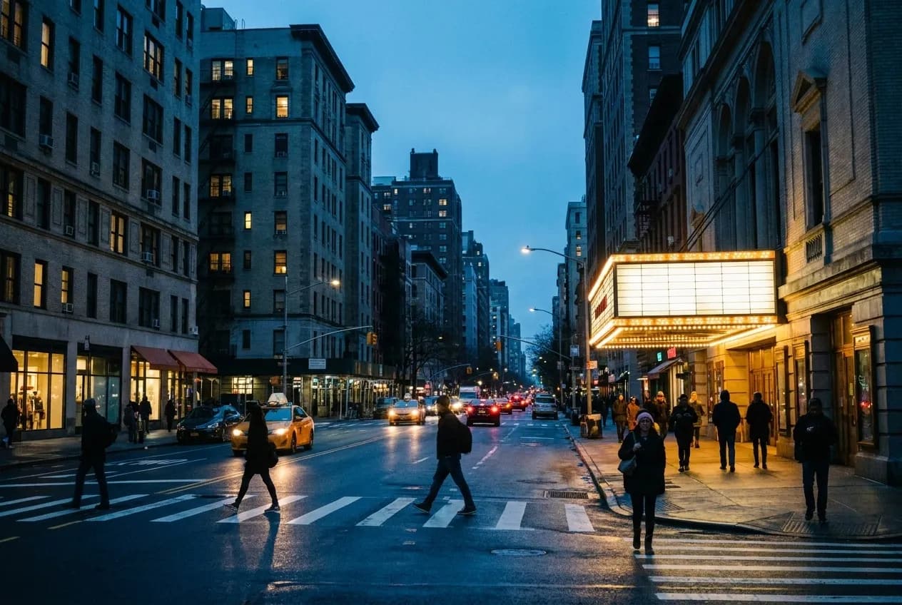Wide Broadway avenue in Upper West Side evening light with theater marquee glow, pedestrian crosswalk, and midrise building facades stretching north.