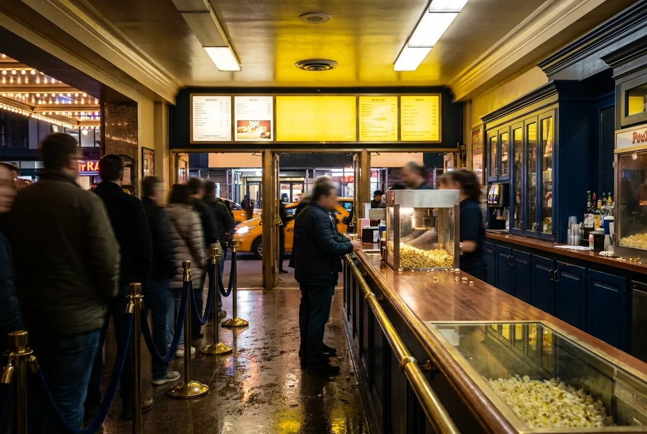 Concession counter at a Manhattan multiplex theater with backlit menu boards and stanchion queue rails under bright ceiling lights.