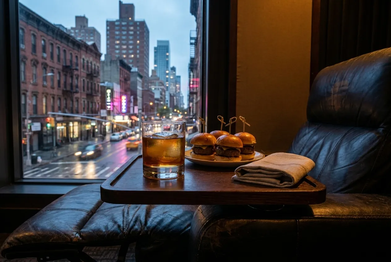 A slide-out tray table holding a craft cocktail and small plates beside a leather recliner armrest in a darkened New York City cinema auditorium