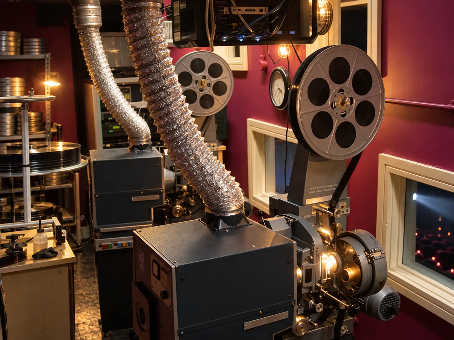 Projection booth with a 35mm projector, film platters and reels stacked on a metal shelf beside a small port window