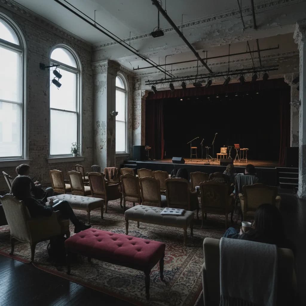 Editorial-style realistic scene inspired by Murmrr Theatre in New York.
