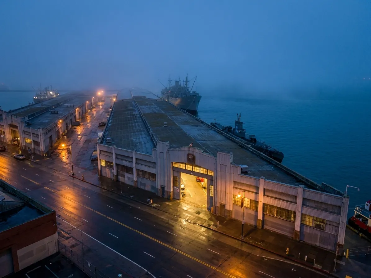 Pier 45 warehouse exterior at dusk with streetlights reflecting off the Embarcadero pavement