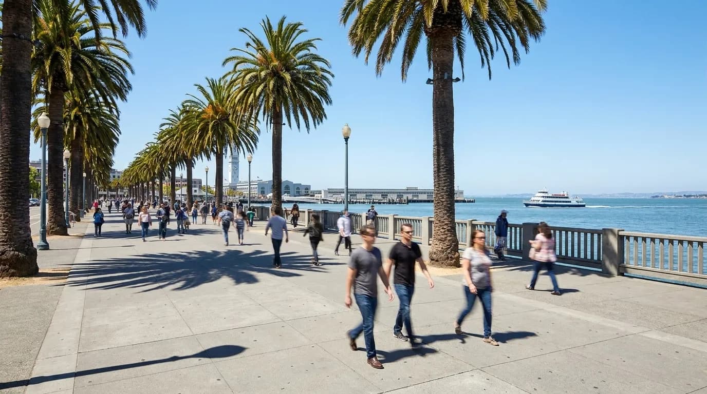 Wide view of the Embarcadero pedestrian promenade stretching east from Fisherman's Wharf toward the Ferry Building
