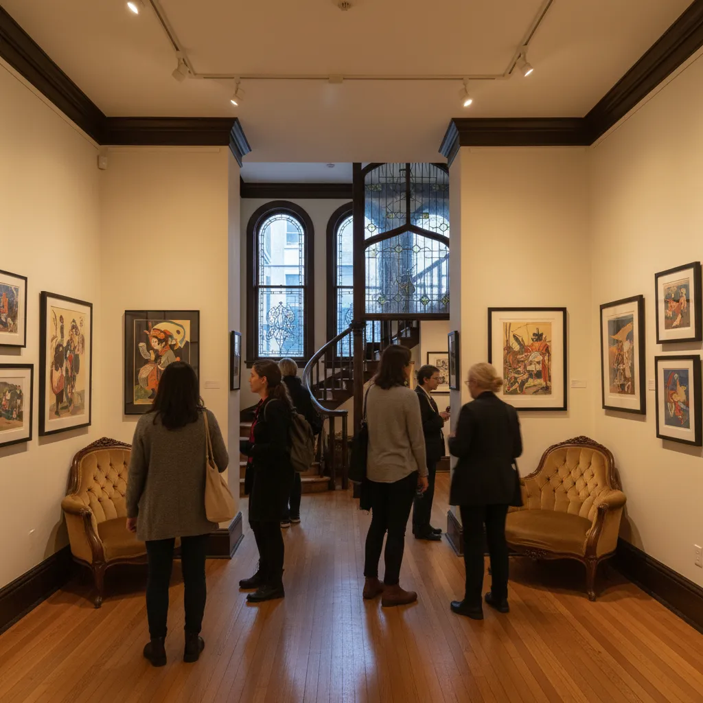 Editorial-style realistic scene inspired by The Museum of American Illustration in New York.