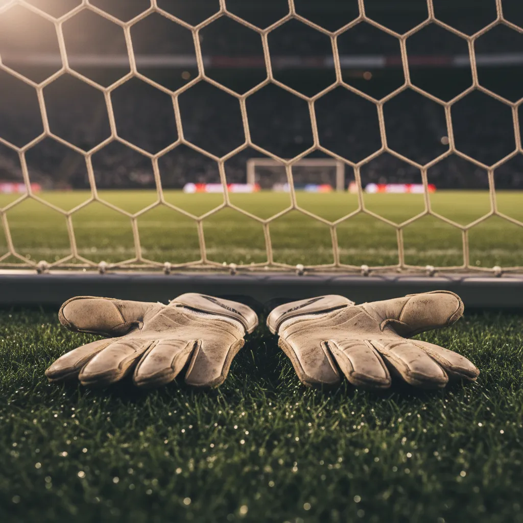 Goalkeeper gloves rest on the grass inside a goal after a final match