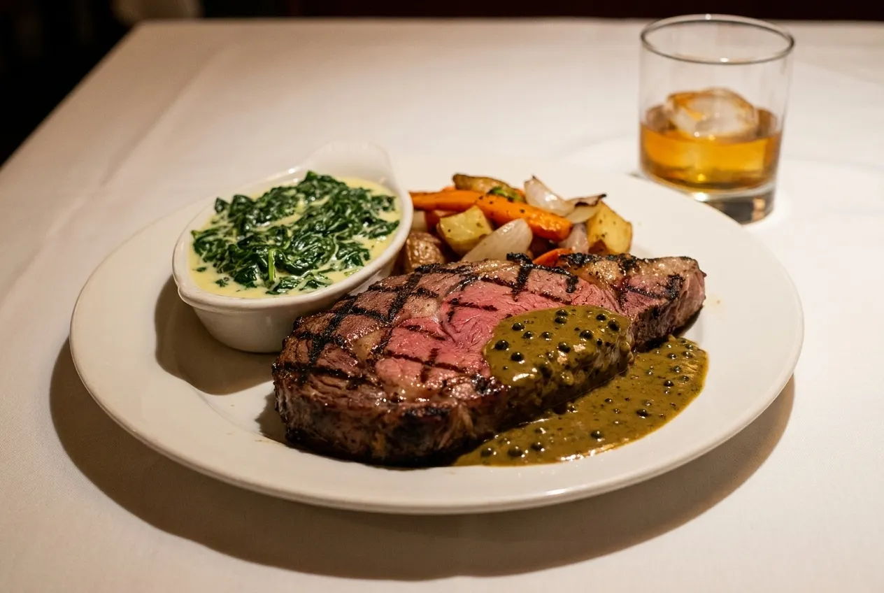 A grilled prime rib steak with creamed spinach and vegetables on a white plate with restaurant lighting