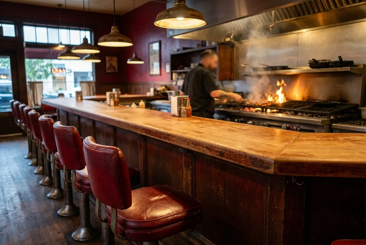 A vintage restaurant counter with red leather stools facing an open kitchen with a working charcoal grill